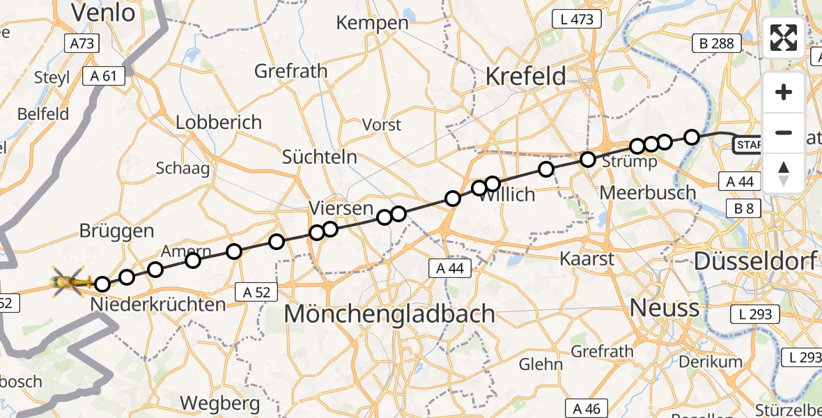 Flugroute Rettungshubschrauber Düsseldorf Airport - Elmpt, 13 Februar 2026, 09:46