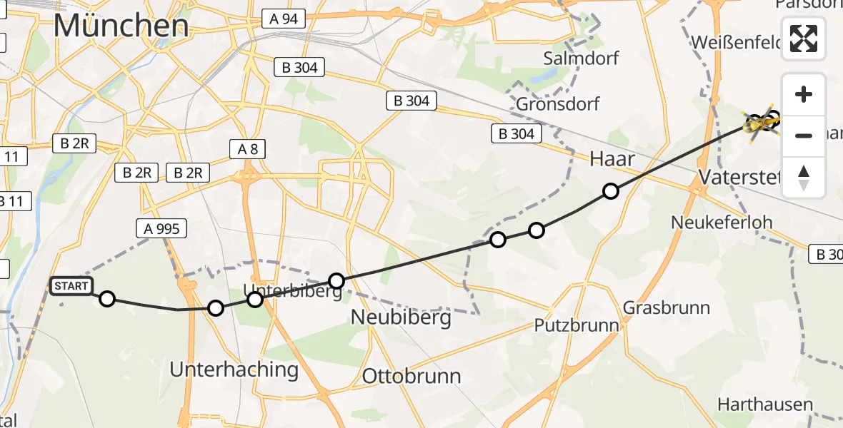 Flugroute Rettungshubschrauber ADAC Air Rescue Center Heliport (Christoph 1) - Vaterstetten, 13 Februar 2026, 09:51