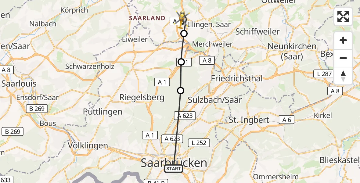 Flugroute Rettungshubschrauber Saarbrücken - Uchtelfangen, 13 Februar 2026, 09:53