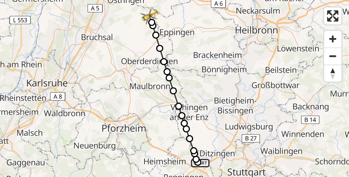Flugroute Rettungshubschrauber Leonberg Hospital Heliport - Tiefenbach, 13 Februar 2026, 10:00