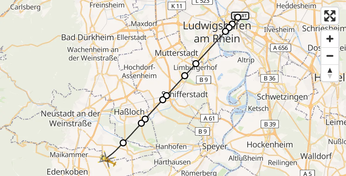 Flugroute Rettungshubschrauber Neckarstadt-Ost/Wohlgelegen - Neustadt an der Weinstraße, 13 Februar 2026, 10:06