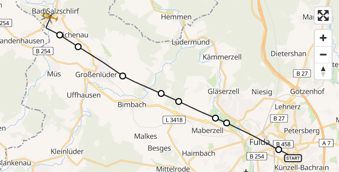 Flugroute Rettungshubschrauber Fulda Hospital Heliport - Bad Salzschlirf, 13 Februar 2026, 10:07