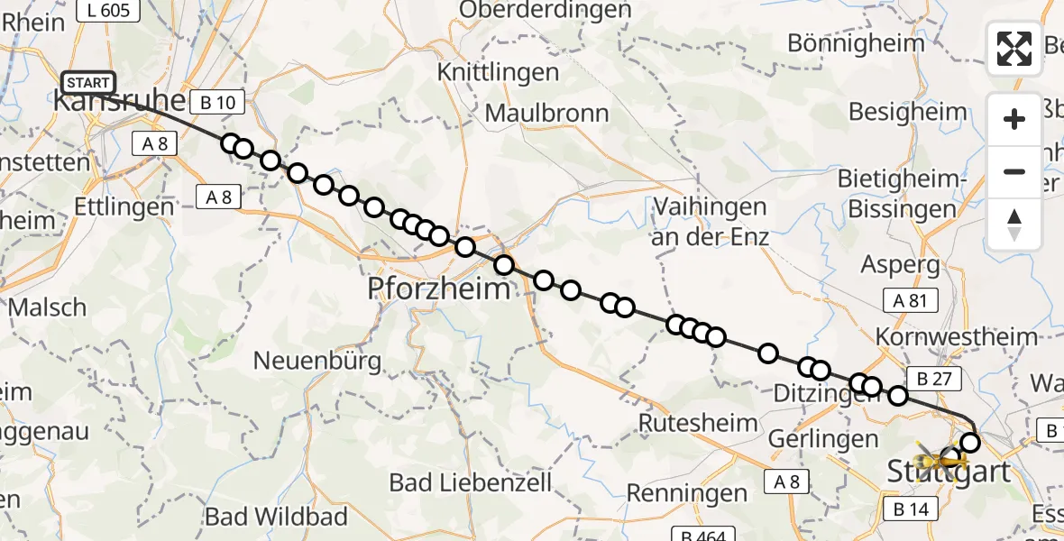 Flugroute Rettungshubschrauber Karlsruhe - Stuttgart, 13 Februar 2026, 10:10