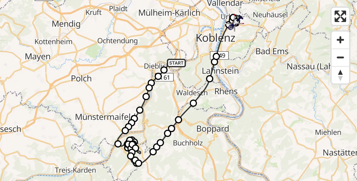 Flugroute Polizeihubschrauber Winningen - Koblenz, 13 Februar 2026, 10:12