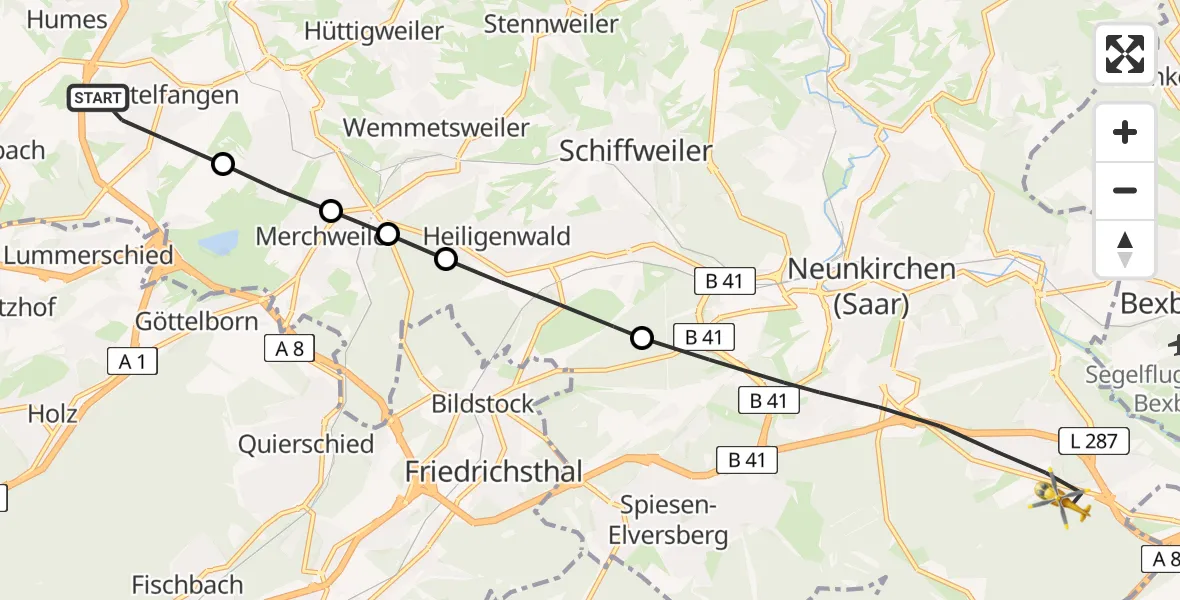 Flugroute Rettungshubschrauber Uchtelfangen - Neunkirchen, 13 Februar 2026, 10:17