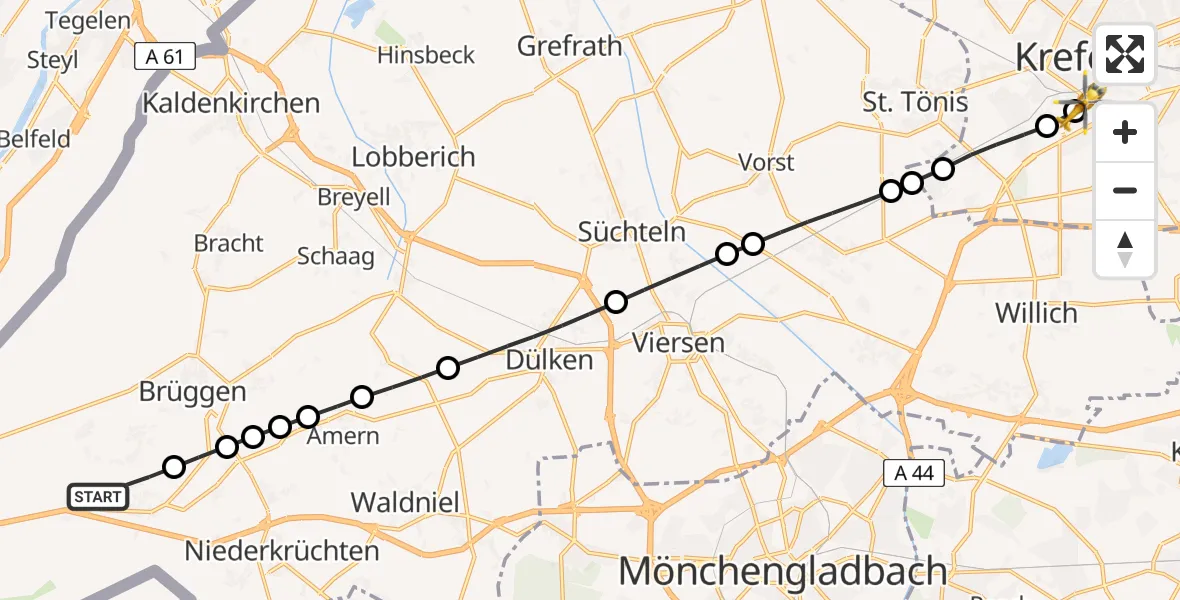 Flugroute Rettungshubschrauber Elmpt - Helios Clinic Krefeld Heliport, 13 Februar 2026, 10:25