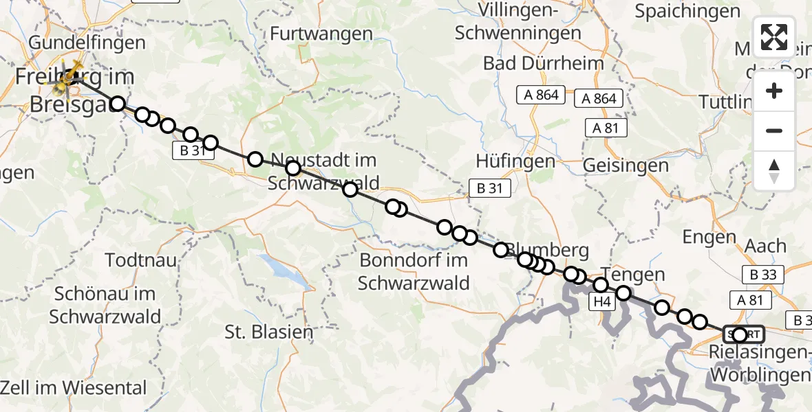 Flugroute Rettungshubschrauber Singen (Hohentwiel) - Freiburg University Hospital Heliport 1, 13 Februar 2026, 10:30