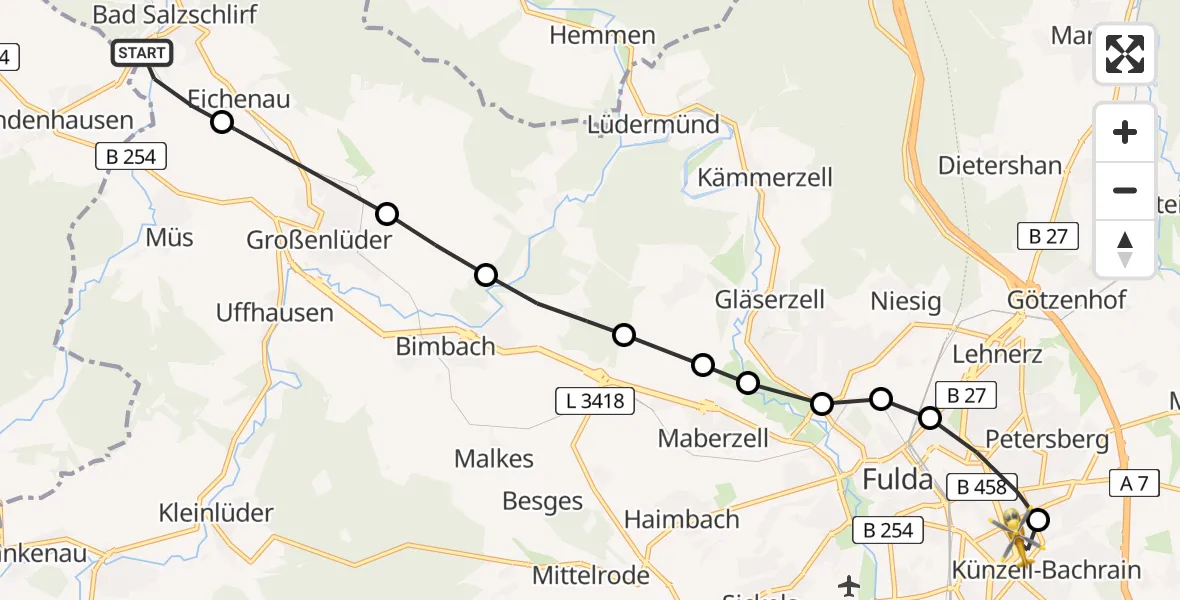 Flugroute Rettungshubschrauber Bad Salzschlirf - Fulda Hospital Heliport, 13 Februar 2026, 10:44