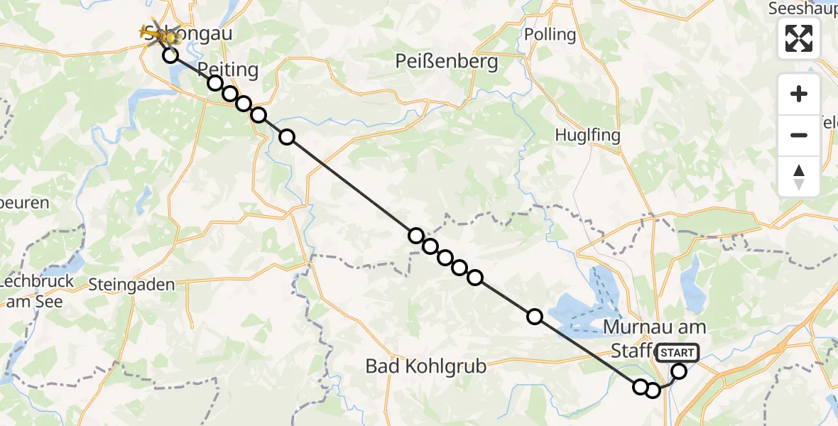Flugroute Rettungshubschrauber Murnau Accident Hospital Heliport - Schongau, 13 Februar 2026, 10:44