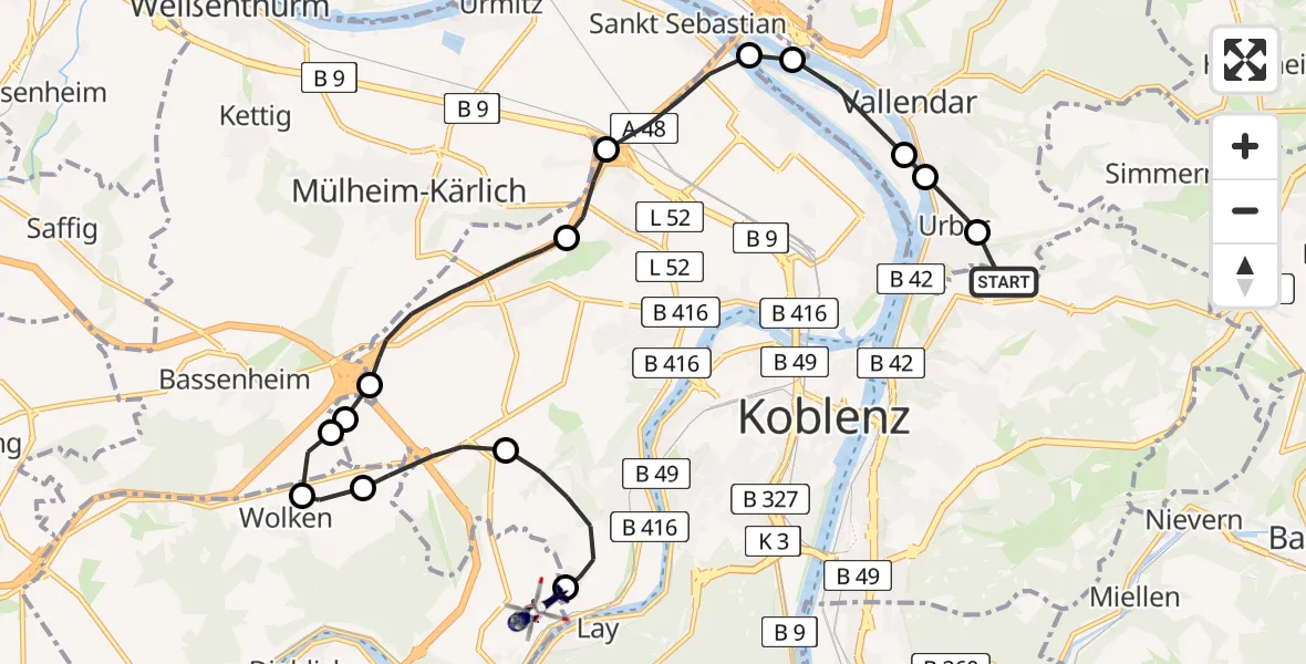 Flugroute Polizeihubschrauber Koblenz - Koblenz-Winningen Airfield, 13 Februar 2026, 10:51