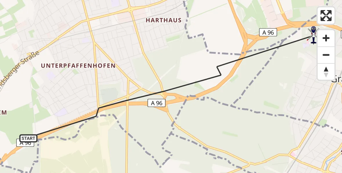 Flugroute Polizeihubschrauber Germering - Gräfelfing, 13 Februar 2026, 10:51