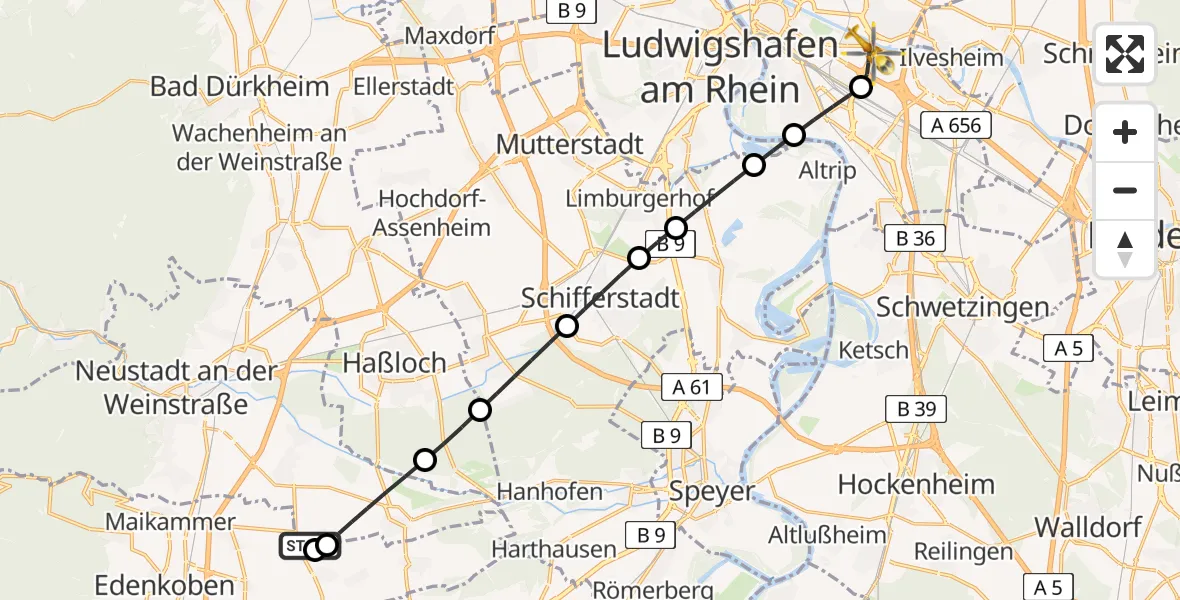 Flugroute Rettungshubschrauber Neustadt an der Weinstraße - Mannheim-City Airport, 13 Februar 2026, 10:52