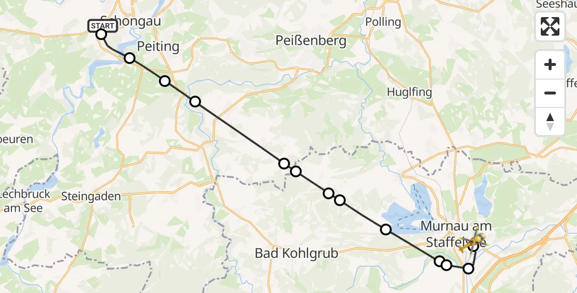 Flugroute Rettungshubschrauber Schongau - Murnau Accident Hospital Heliport, 13 Februar 2026, 11:11