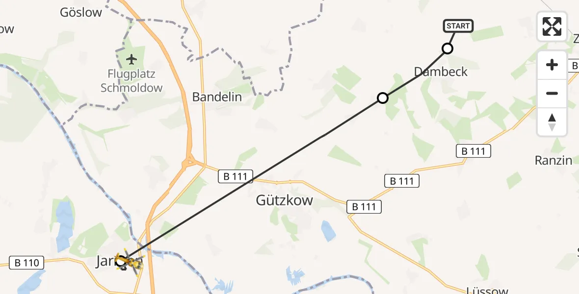 Flugroute Rettungshubschrauber Klein Kiesow - Jarmen, 13 Februar 2026, 11:23