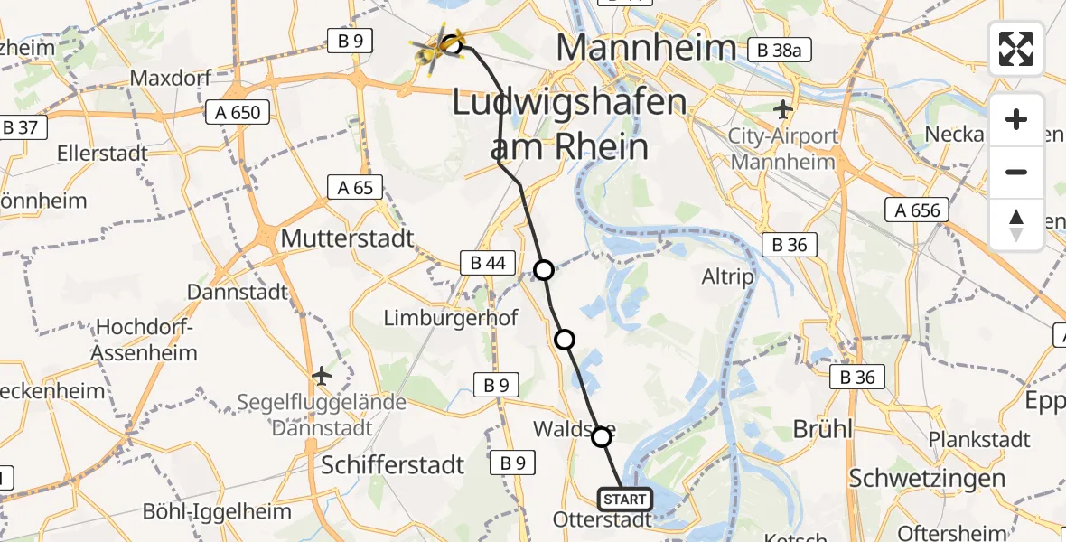 Flugroute Rettungshubschrauber Otterstadt - Ludwigshafen Accident Hospital Heliport, 13 Februar 2026, 11:25