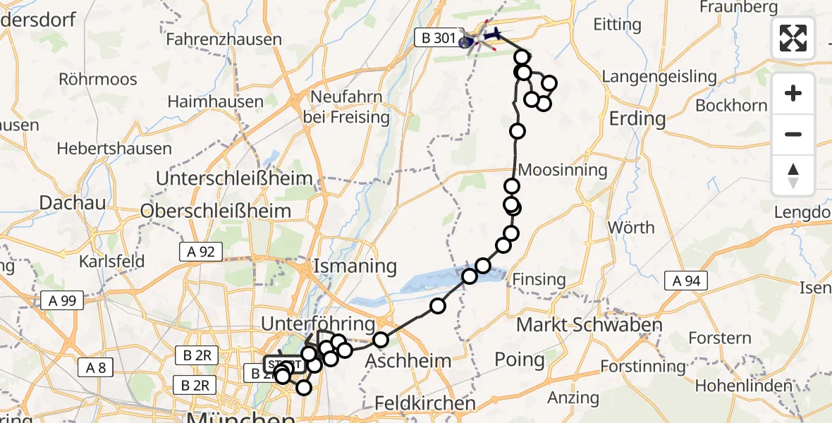 Flugroute Polizeihubschrauber Schwabing-Freimann - Munich Airport, 13 Februar 2026, 11:25