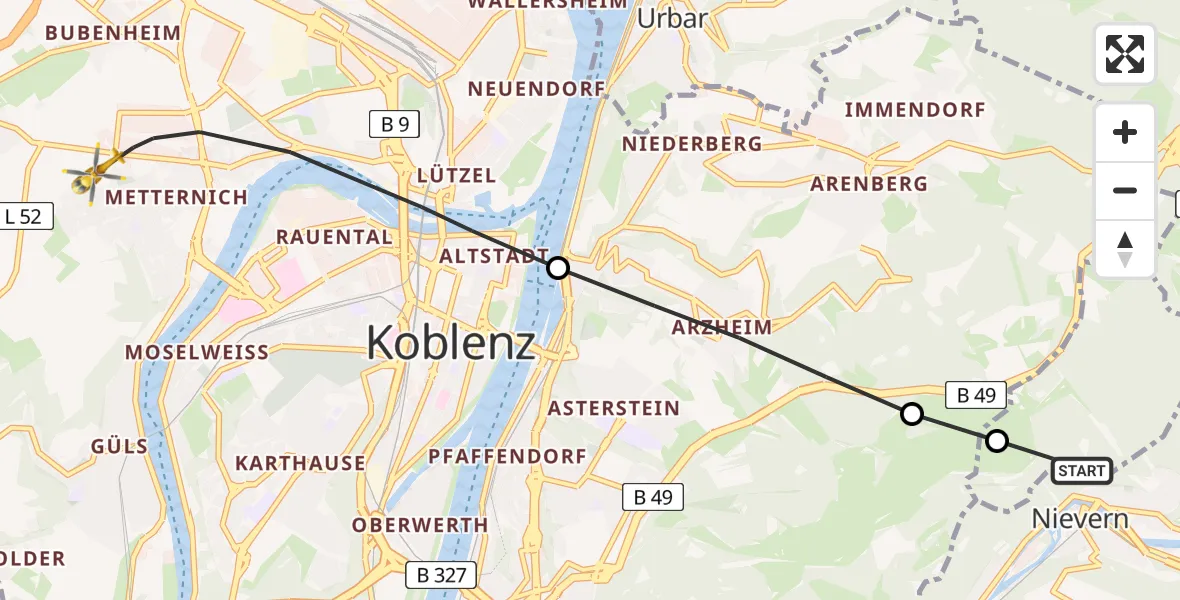 Flugroute Rettungshubschrauber Fachbach - Koblenz, 13 Februar 2026, 11:25
