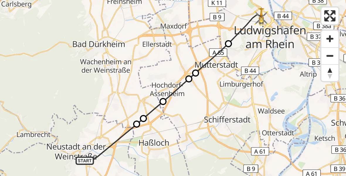 Flugroute Rettungshubschrauber Neustadt an der Weinstraße - Ludwigshafen am Rhein, 13 Februar 2026, 11:26