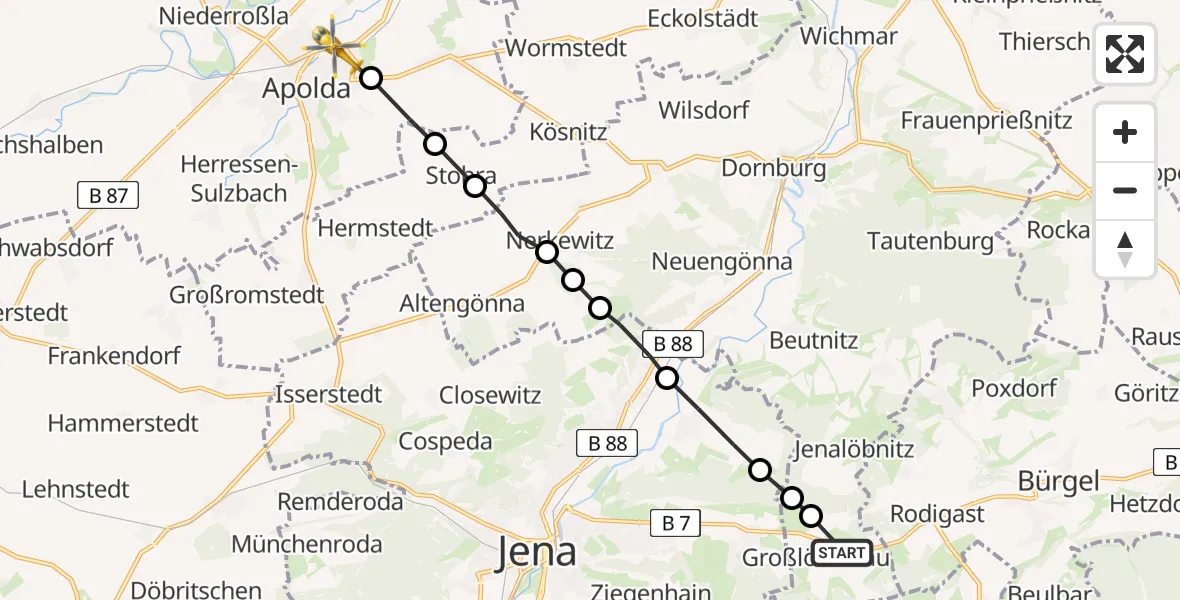 Flugroute Rettungshubschrauber Kleinlöbichau - Apolda, 13 Februar 2026, 11:30