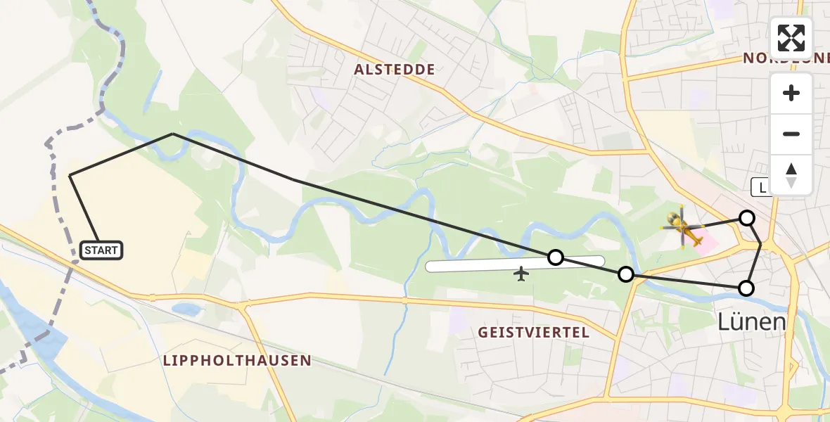 Flugroute Rettungshubschrauber Lünen - Sankt Marien Hospital Heliport, 13 Februar 2026, 11:43
