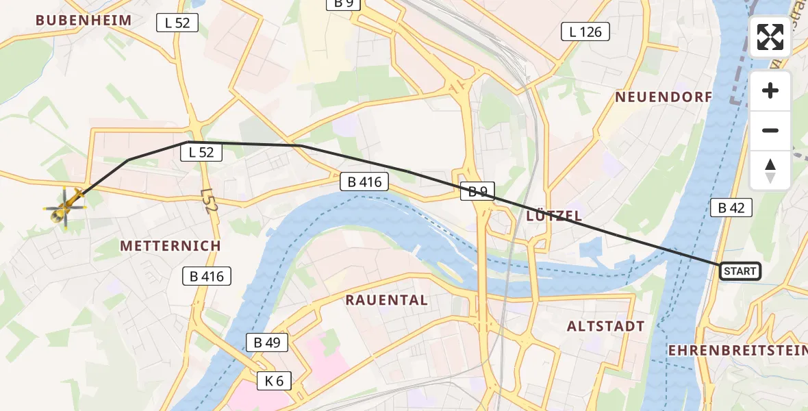Flugroute Rettungshubschrauber Koblenz - Koblenz, 13 Februar 2026, 11:44