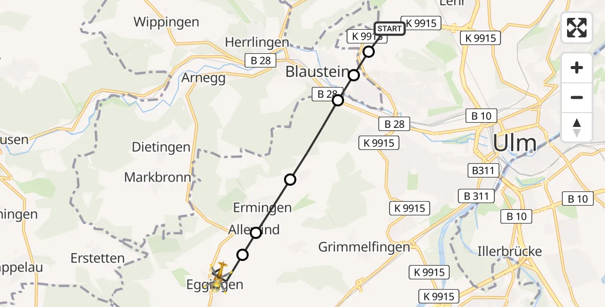 Flugroute Rettungshubschrauber ADAC Air Rescue Station Ulm (Christoph 22) - Eggingen, 13 Februar 2026, 11:52
