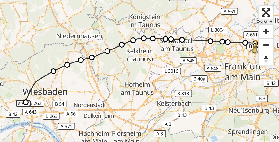 Flugroute Rettungshubschrauber Helios Horst Schmidt Clinic (HSK) Heliport - Frankfurt am Main Accident Hospital Roof Helipad (CHX2), 13 Februar 2026, 11:54