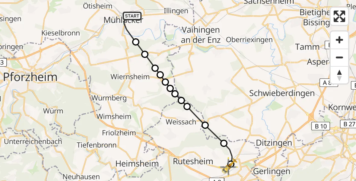 Flugroute Rettungshubschrauber Dürrmenz - Leonberg Hospital Heliport, 13 Februar 2026, 11:56