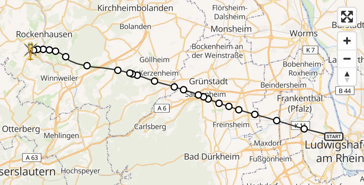 Flugroute Rettungshubschrauber Ludwigshafen am Rhein - Imsweiler UL, 13 Februar 2026, 12:00