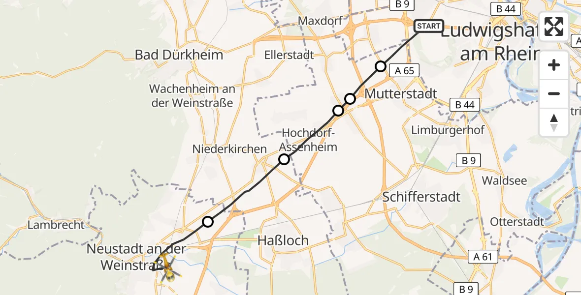 Routekaart van de vlucht: Rettungshubschrauber nach Neustadt an der Weinstraße, Spitalbachstraße