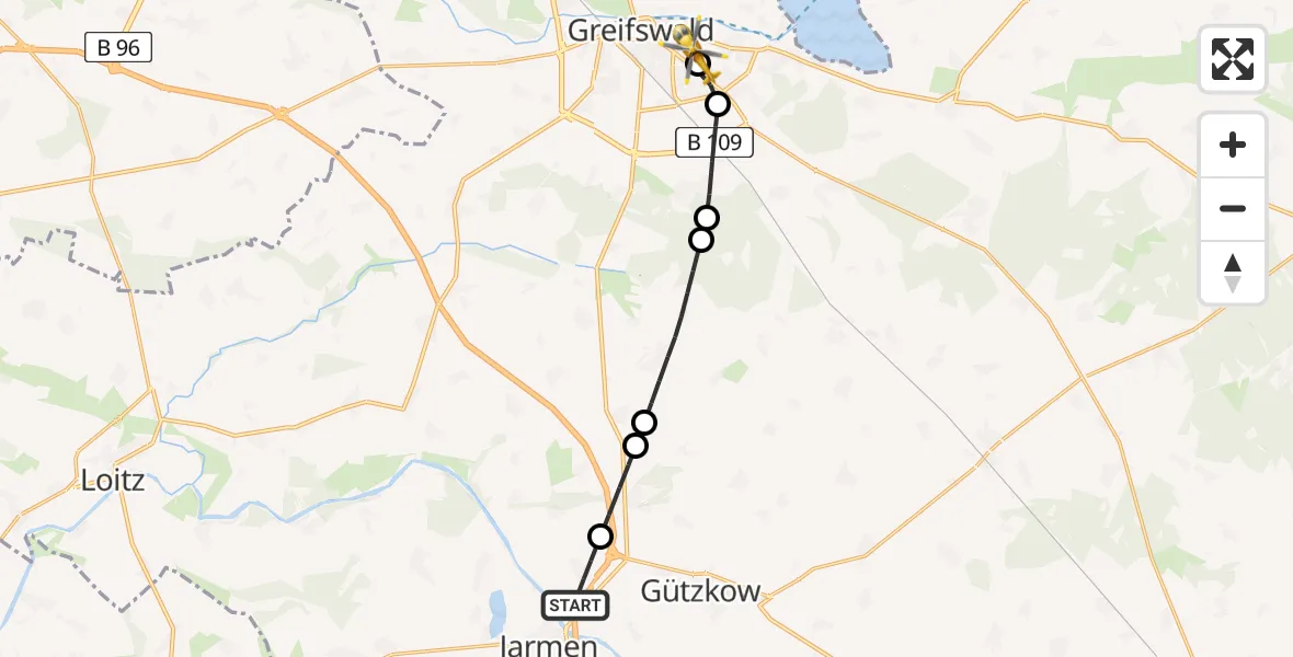 Flugroute Rettungshubschrauber Gützkow - Greifswald Hospital Heliport, 13 Februar 2026, 12:12