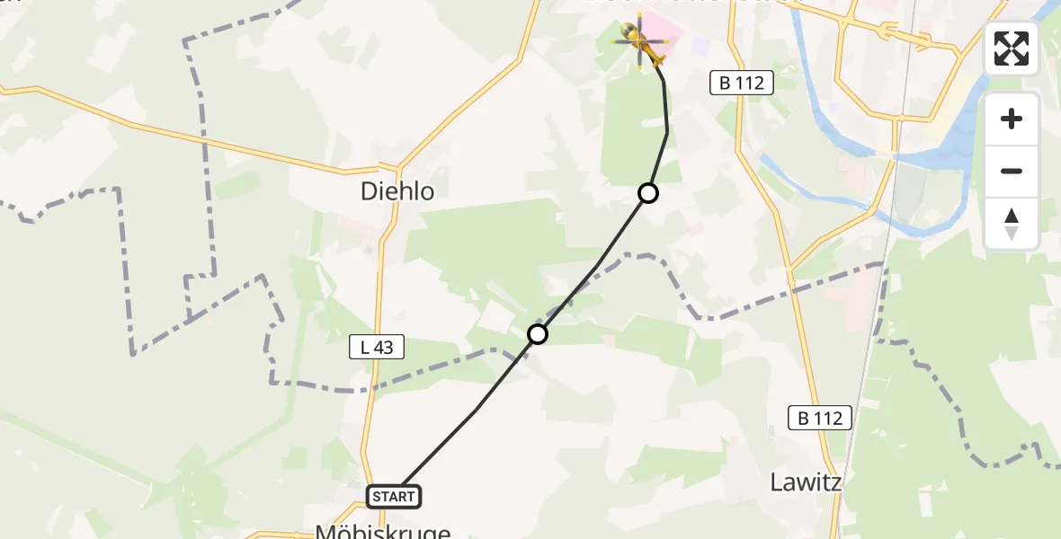Flugroute Ambulanzhubschrauber Möbiskruge - Eisenhüttenstadt, 13 Februar 2026, 12:25