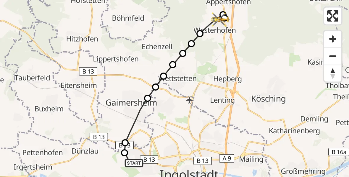 Flugroute Rettungshubschrauber Ingolstadt Hospital Heliport - Westerhofen, 13 Februar 2026, 12:34