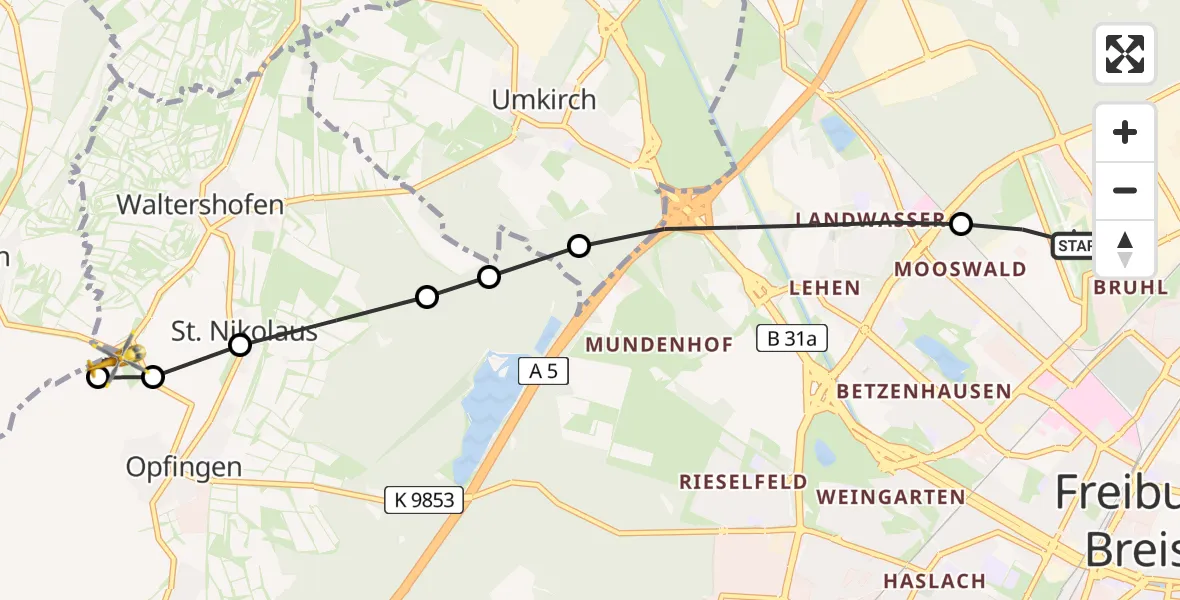 Flugroute Rettungshubschrauber Freiburg im Breisgau Airfield - Merdingen, 13 Februar 2026, 12:39