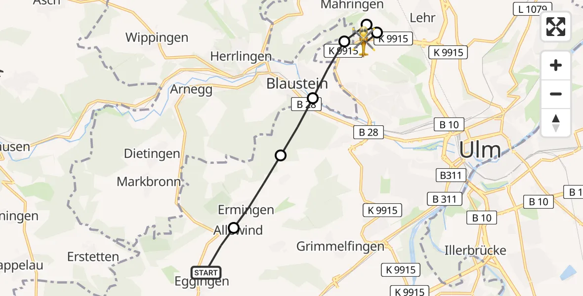 Flugroute Rettungshubschrauber Eggingen - ADAC Air Rescue Station Ulm (Christoph 22), 13 Februar 2026, 12:55