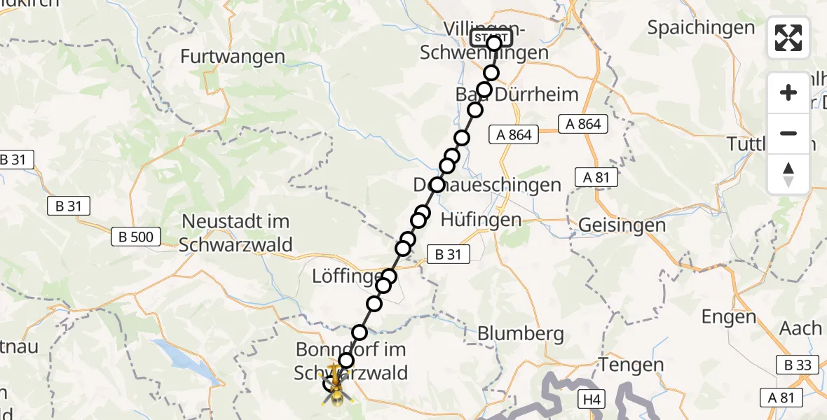 Flugroute Rettungshubschrauber DRF Air Rescue Station Villingen-Schwenningen Heliport (Christoph 11) - Bonndorf im Schwarzwald, 13 Februar 2026, 13:00