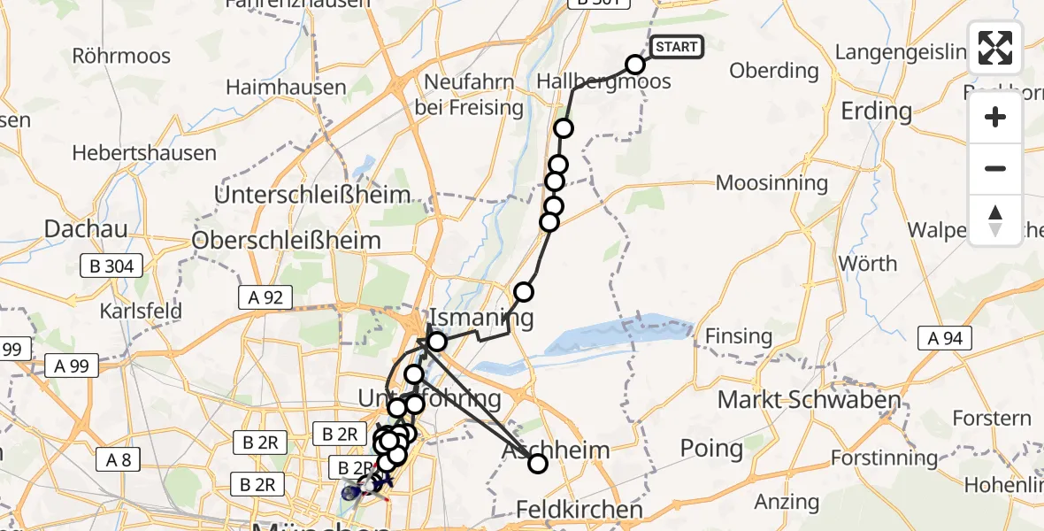 Flugroute Polizeihubschrauber Munich Airport - Schwabing-Freimann, 13 Februar 2026, 13:35