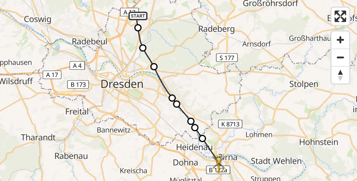 Routekaart van de vlucht: Rettungshubschrauber nach Pirna, Tunnel Pirna