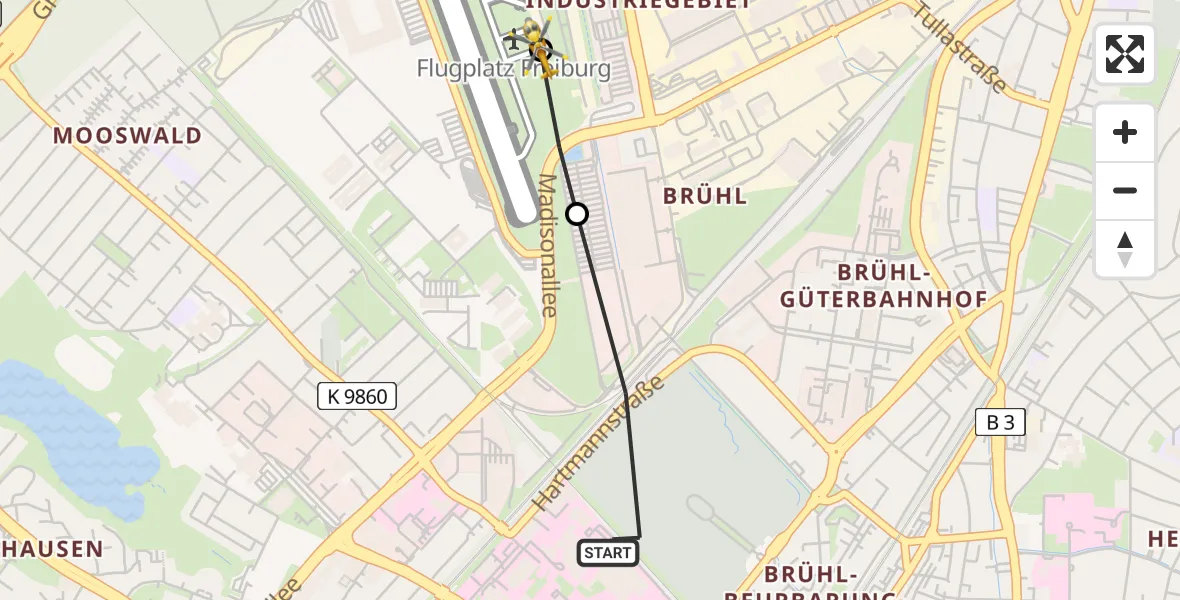 Routekaart van de vlucht: Rettungshubschrauber nach Freiburg im Breisgau Airfield