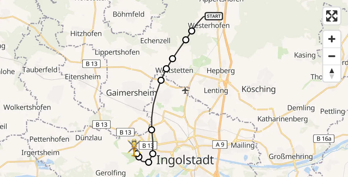 Flugroute Rettungshubschrauber Westerhofen - Ingolstadt Hospital Heliport, 13 Februar 2026, 13:41
