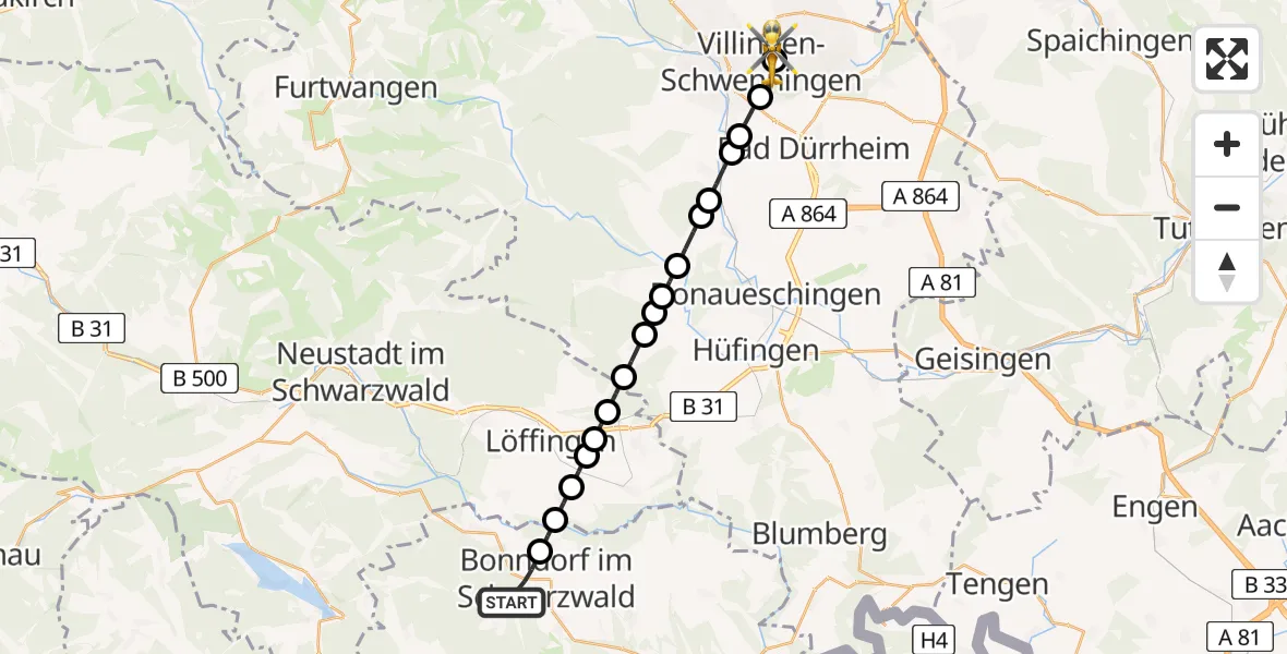 Flugroute Rettungshubschrauber Bonndorf im Schwarzwald - DRF Air Rescue Station Villingen-Schwenningen Heliport (Christoph 11), 13 Februar 2026, 13:43