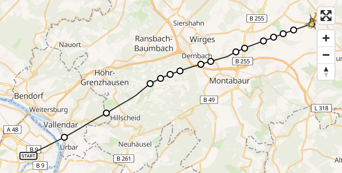 Flugroute Rettungshubschrauber Koblenz - Berod bei Wallmerod, 13 Februar 2026, 13:46