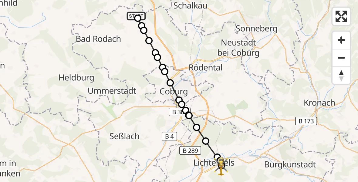 Flugroute Rettungshubschrauber Ahlstadt - Regiomed Hospital Lichtenfels Heliport, 13 Februar 2026, 13:59