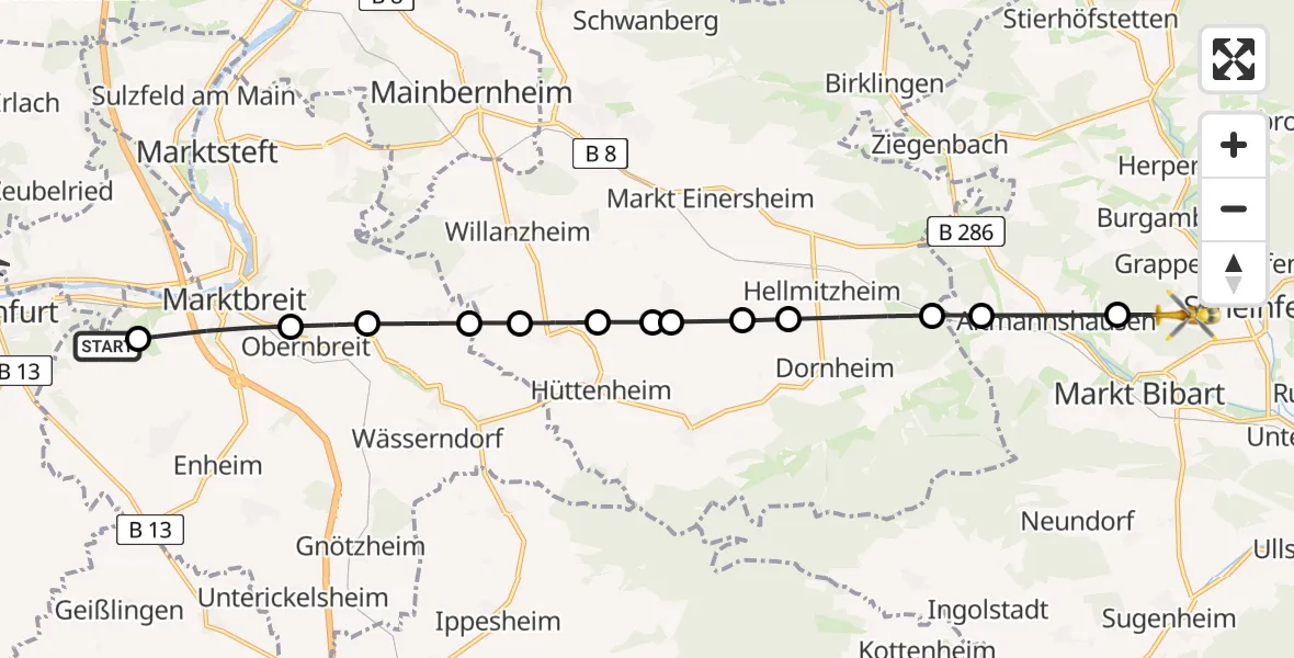 Flugroute Rettungshubschrauber Frickenhausen am Main - Hohlweiler, 13 Februar 2026, 14:13