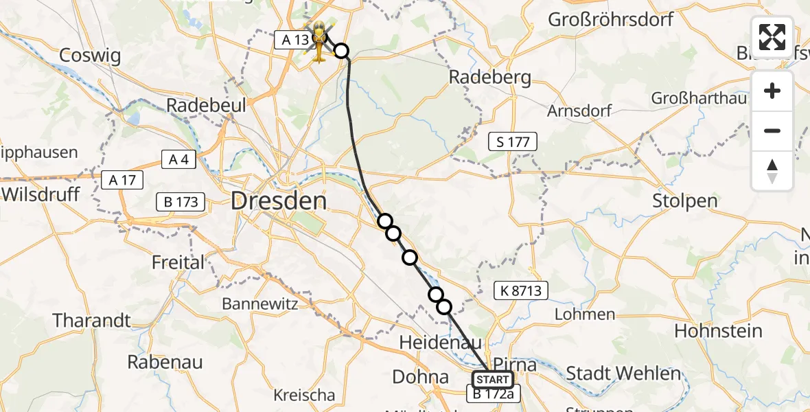 Flugroute Rettungshubschrauber Pirna - Dresden Federal Police Heliport, 13 Februar 2026, 14:21