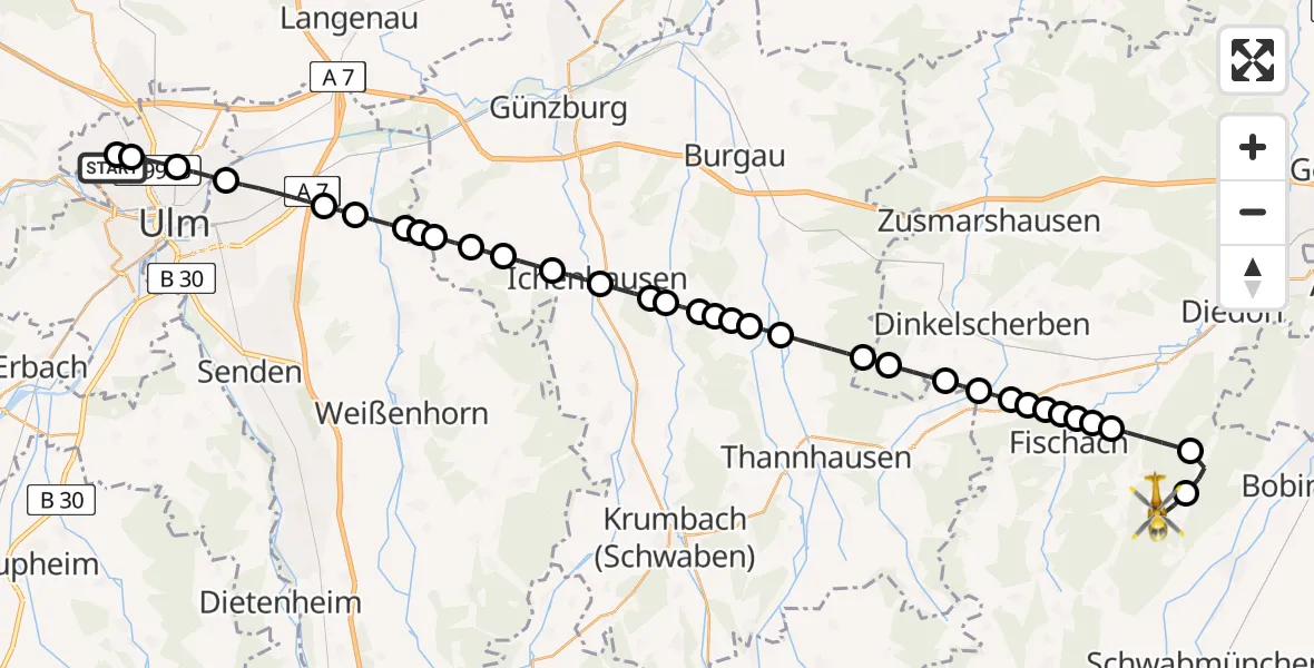 Flugroute Rettungshubschrauber ADAC Air Rescue Station Ulm (Christoph 22) - Reinhartshausen, 13 Februar 2026, 14:23