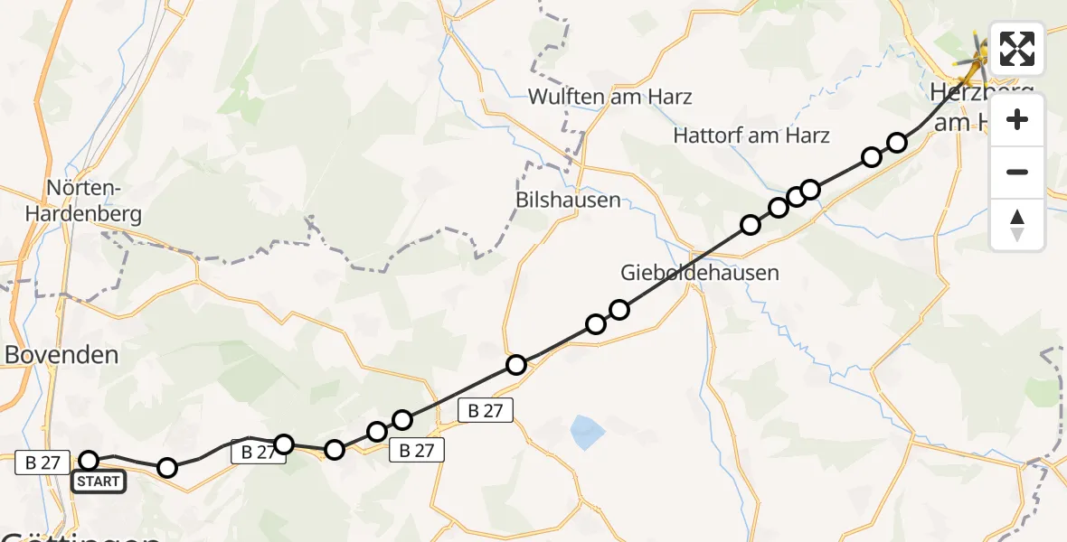 Flugroute Rettungshubschrauber Göttingen University Clinic Heliport - Herzberg am Harz, 13 Februar 2026, 14:29