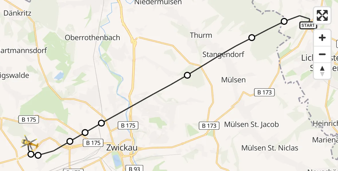 Flugroute Rettungshubschrauber St. Egidien - ADAC Air Rescue Station Zwickau Heliport, 13 Februar 2026, 14:43