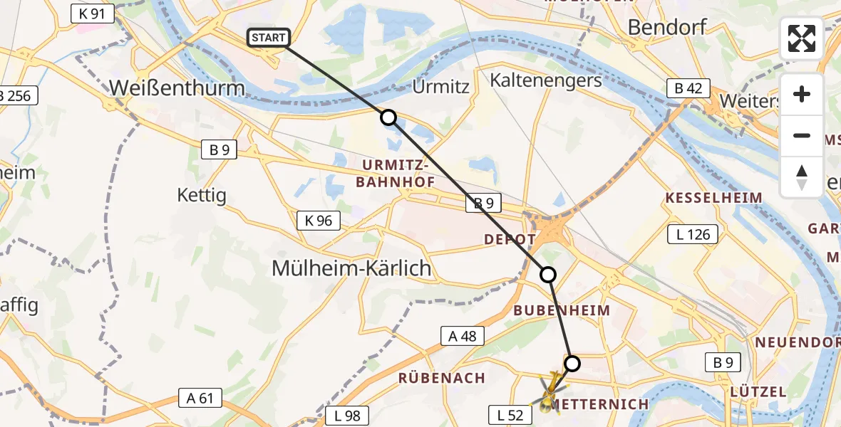 Routekaart van de vlucht: Rettungshubschrauber nach Koblenz, Rübenacher Straße