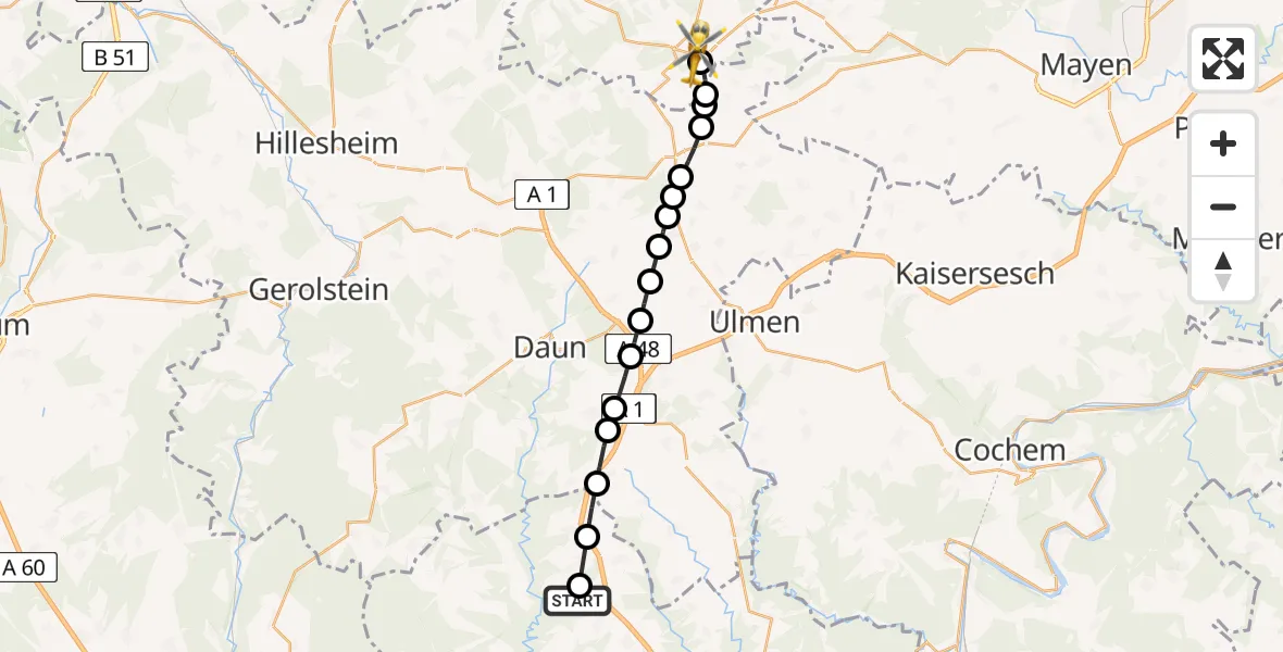 Flugroute Ambulanzhubschrauber Laufeld - Nürburgring Heliport, 13 Februar 2026, 15:03
